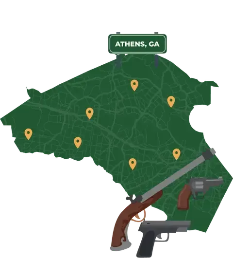Picture of Athens, Georgia City Map with Athens sign on it and places that we buy guns from.