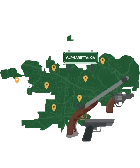 Picture of Alpharetta, Georgia City Map with Alpharetta sign on it and places that we buy guns from.