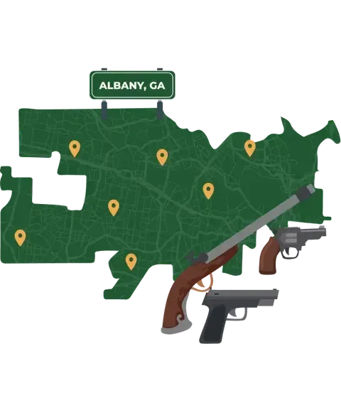 Picture of Albany, Georgia City Map with Albany sign on it and places that we buy guns from.
