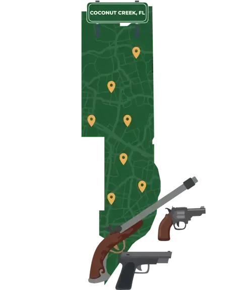 Picture of Coconut Creek, Florida City Map with Coconut Creek sign on it and places that we buy guns from.