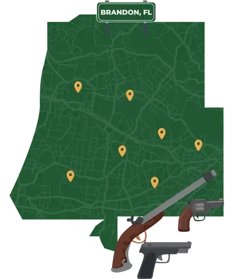 Picture of Brandon, Florida City Map with Brandon sign on it and places that we buy guns from.