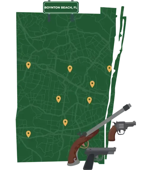 Picture of Boynton Beach, Florida City Map with Boynton Beach sign on it and places that we buy guns from.