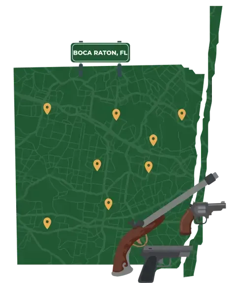 Picture of Boca Raton, Florida City Map with Boca Raton sign on it and places that we buy guns from.