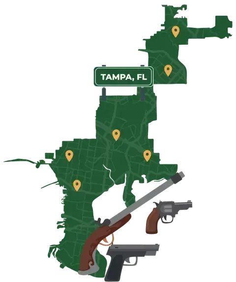 Picture of Tampa, Florida City Map with Tampa sign on it and places that we buy guns from.
