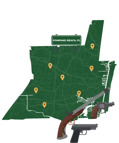 Picture of Pompano Beach, Florida City Map with Pompano Beach sign on it and places that we buy guns from.