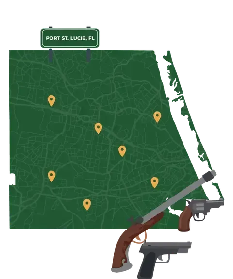 Picture of Port St. Lucie, Florida City Map with Port St. Lucie sign on it and places that we buy guns from.