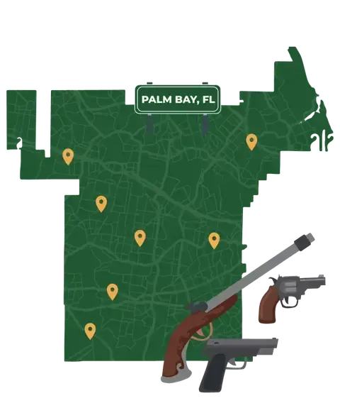 Picture of Palm Bay, Florida City Map with Palm Bay sign on it and places that we buy guns from.