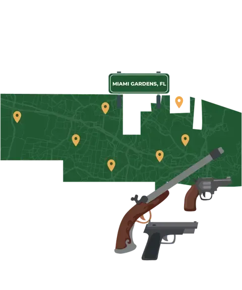 Picture of Miami Gardens, Florida City Map with Miami Gardens sign on it and places that we buy guns from.