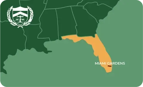 State map with Miami Gardens, Florida highlighted, showing that Cash for Arms purchases guns in Miami Gardens
