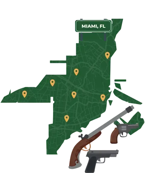 Picture of Miami, Florida City Map with Miami sign on it and places that we buy guns from.
