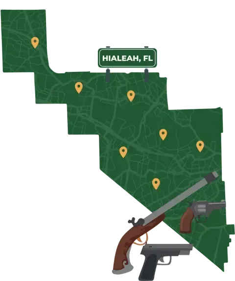 Picture of Hialeah, Florida City Map with Hialeah sign on it and places that we buy guns from.