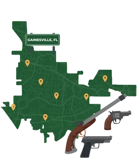 Picture of Gainesville, Florida City Map with Gainesville sign on it and places that we buy guns from.