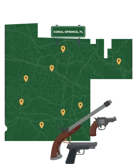 Picture of Coral Springs, Florida City Map with Coral Springs sign on it and places that we buy guns from.