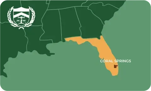 State map with Coral Springs, Florida highlighted, showing that Cash for Arms purchases guns in Coral Springs