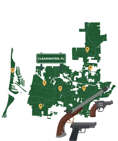 Picture of Clearwater, Florida City Map with Clearwater sign on it and places that we buy guns from.
