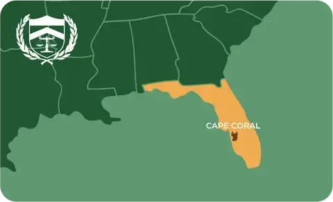 State map with Cape Coral, Florida highlighted, showing that Cash for Arms purchases guns in Cape Coral