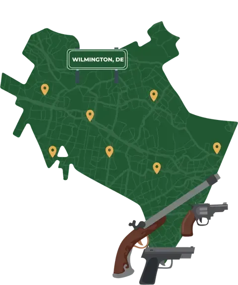 Picture of Wilmington, Delaware City Map with Wilmington sign on it and places that we buy guns from.