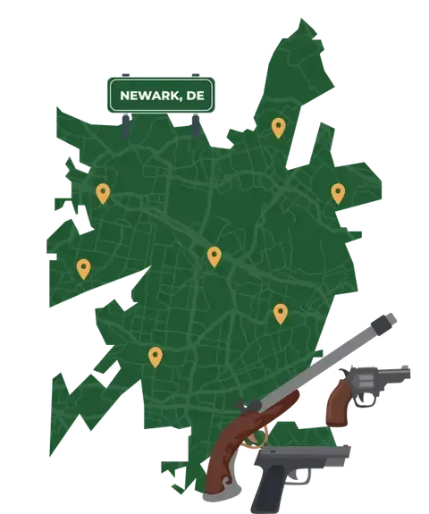 Picture of Newark, Delaware City Map with Newark sign on it and places that we buy guns from.