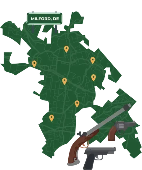 Picture of Milford, Delaware City Map with Milford sign on it and places that we buy guns from.