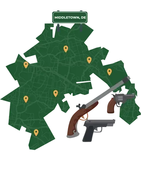 Picture of Middletown, Delaware City Map with Middletown sign on it and places that we buy guns from.