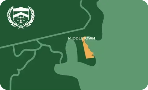State map with Middletown, Delaware highlighted, showing that Cash for Arms purchases guns in Middletown