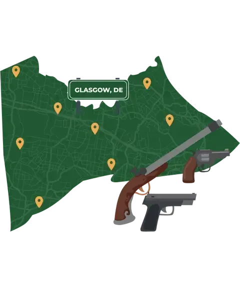 Picture of Glasgow, Delaware City Map with Glasgow sign on it and places that we buy guns from.