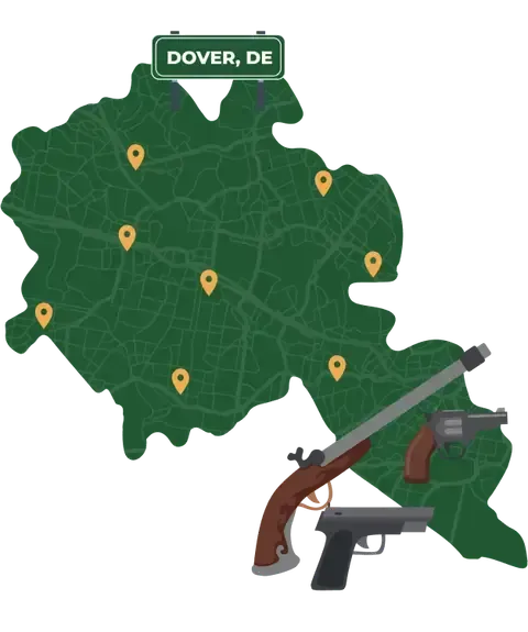 Picture of Dover, Delaware City Map with Dover sign on it and places that we buy guns from.