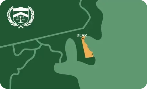 State map with Bear, Delaware highlighted, showing that Cash for Arms purchases guns in Bear