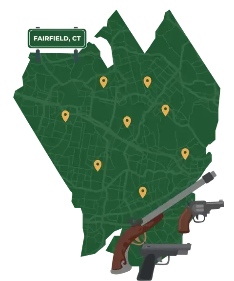 Picture of Fairfield, Connecticut City Map with Fairfield sign on it and places that we buy guns from.