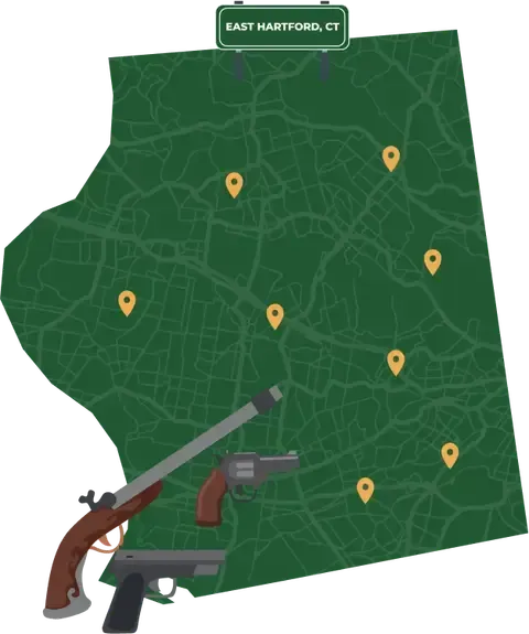Picture of East Hartford, Connecticut City Map with East Hartford sign on it and places that we buy guns from.