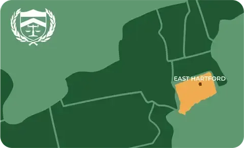 State map with East Hartford, Connecticut highlighted, showing that Cash for Arms purchases guns in East Hartford