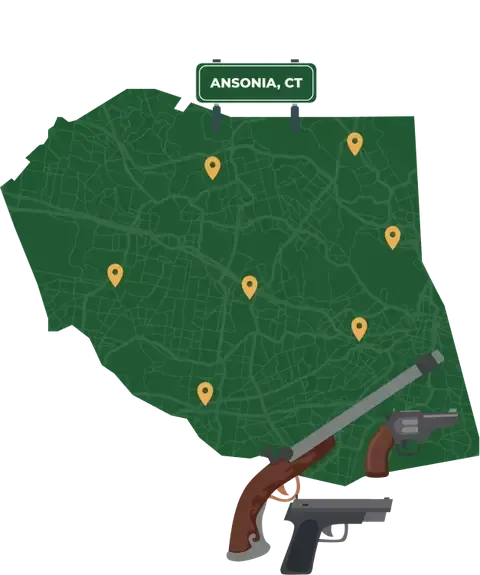 Picture of Ansonia, Connecticut City Map with Ansonia sign on it and places that we buy guns from.