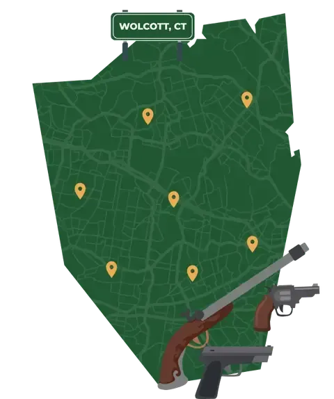 Picture of Wolcott, Connecticut City Map with Wolcott sign on it and places that we buy guns from.