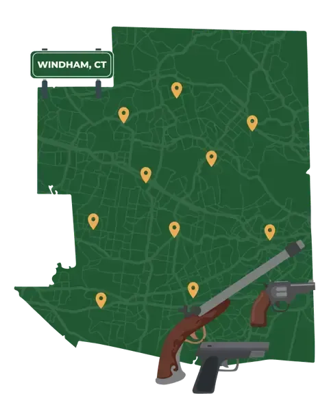 Picture of Windham, Connecticut City Map with Windham sign on it and places that we buy guns from.