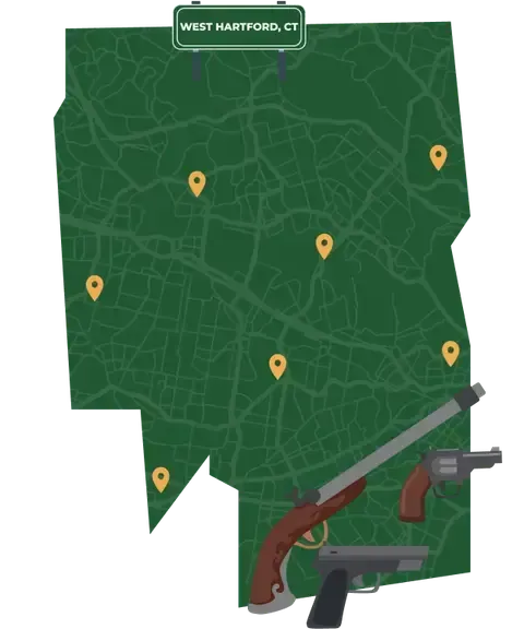 Picture of West Hartford, Connecticut City Map with West Hartford sign on it and places that we buy guns from.