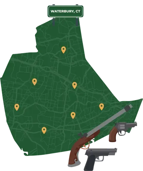 Picture of Waterbury, Connecticut City Map with Waterbury sign on it and places that we buy guns from.