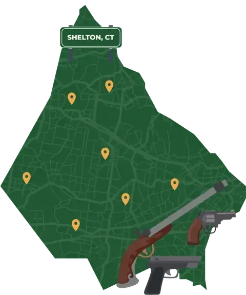 Picture of Shelton, Connecticut City Map with Shelton sign on it and places that we buy guns from.