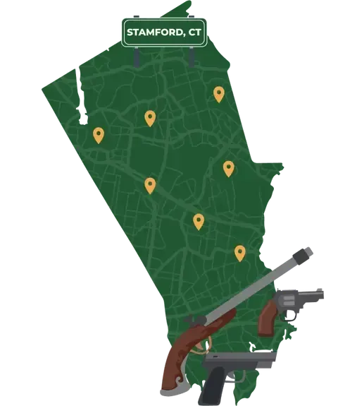 Picture of Stamford, Connecticut City Map with Stamford sign on it and places that we buy guns from.