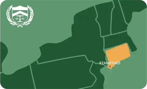 State map with Stamford, Connecticut highlighted, showing that Cash for Arms purchases guns in Stamford