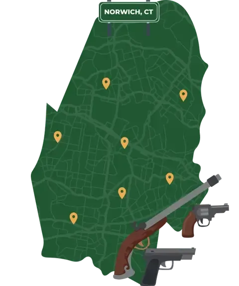 Picture of Norwich, Connecticut City Map with Norwich sign on it and places that we buy guns from.