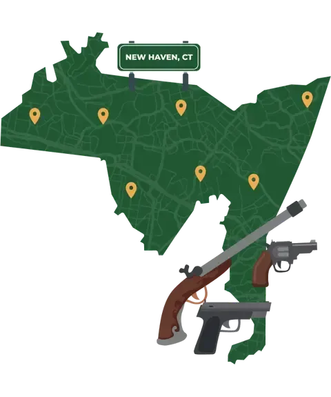 Picture of New Haven, Connecticut City Map with New Haven sign on it and places that we buy guns from.