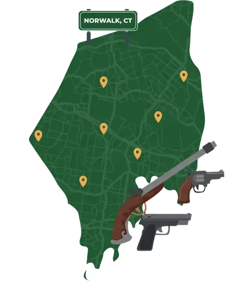 Picture of Norwalk, Connecticut City Map with Norwalk sign on it and places that we buy guns from.