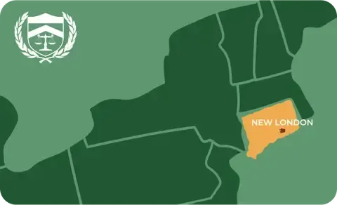 State map with New London, Connecticut highlighted, showing that Cash for Arms purchases guns in New London
