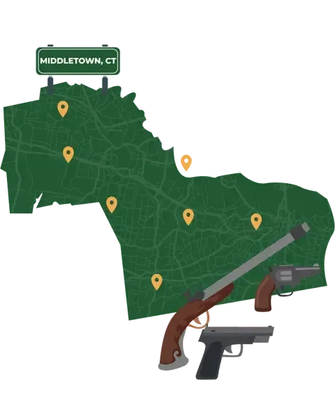 Picture of Middletown, Connecticut City Map with Middletown sign on it and places that we buy guns from.