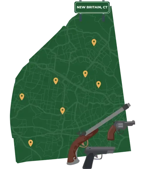Picture of New Britain, Connecticut City Map with New Britain sign on it and places that we buy guns from.