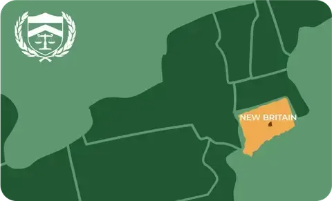 State map with New Britain, Connecticut highlighted, showing that Cash for Arms purchases guns in New Britain