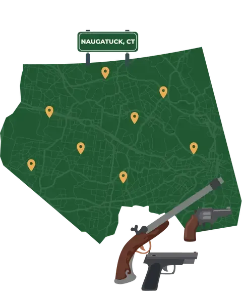 Picture of Naugatuck, Connecticut City Map with Naugatuck sign on it and places that we buy guns from.
