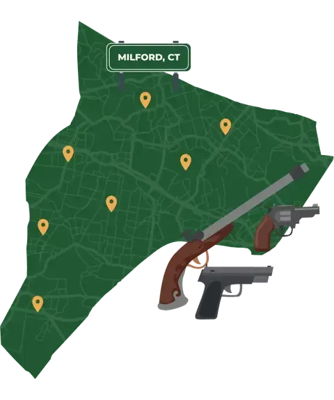 Picture of Milford, Connecticut City Map with Milford sign on it and places that we buy guns from.