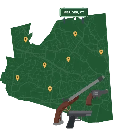 Picture of Meriden, Connecticut City Map with Meriden sign on it and places that we buy guns from.