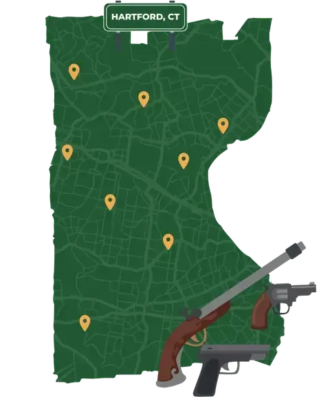 Picture of Hartford, Connecticut City Map with Hartford sign on it and places that we buy guns from.
